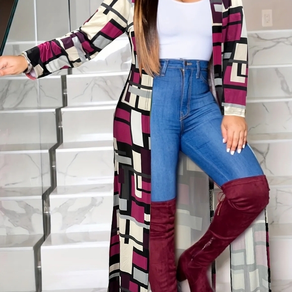 Geometric Long Cardigan - Burgundy and Black - Picture 1 of 4